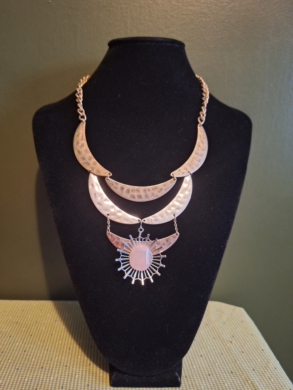 Upcycled Gold-Tone Layered Crescent Necklace with Rosequartz Pendant